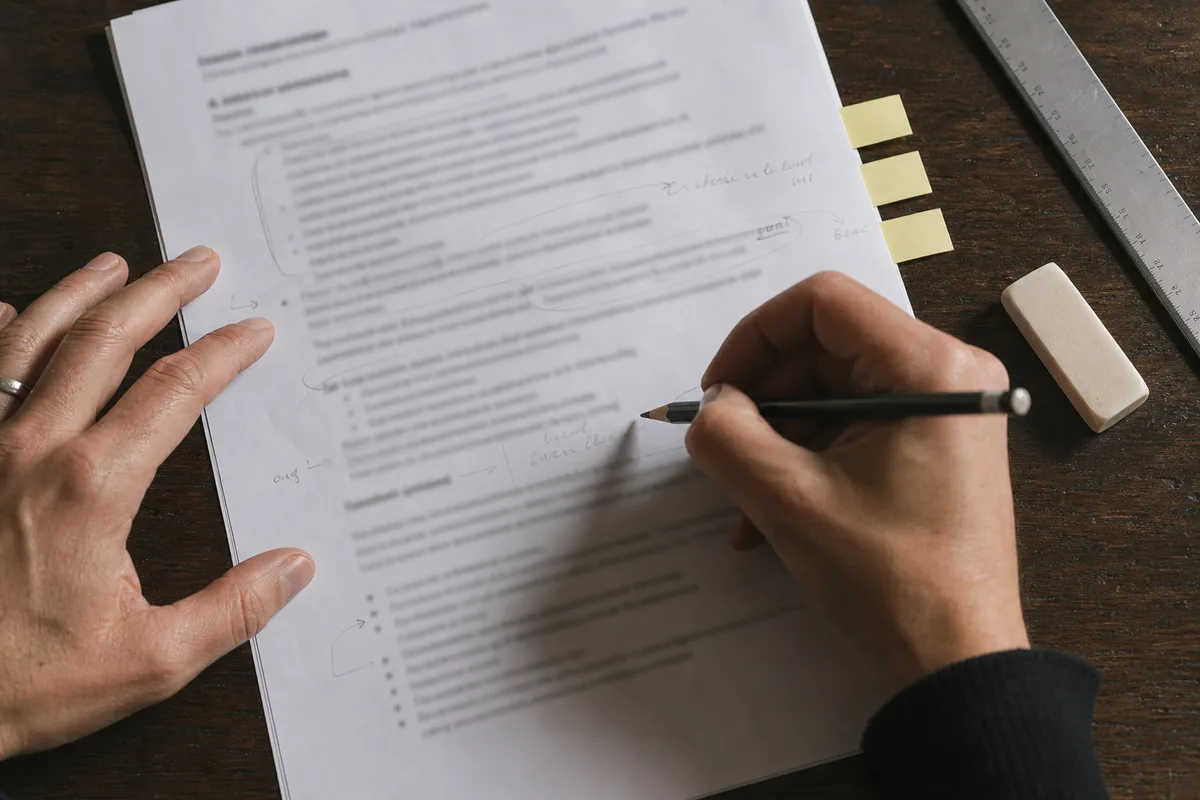 Bureau de travail avec un document de cadrage de projet web annoté à la main