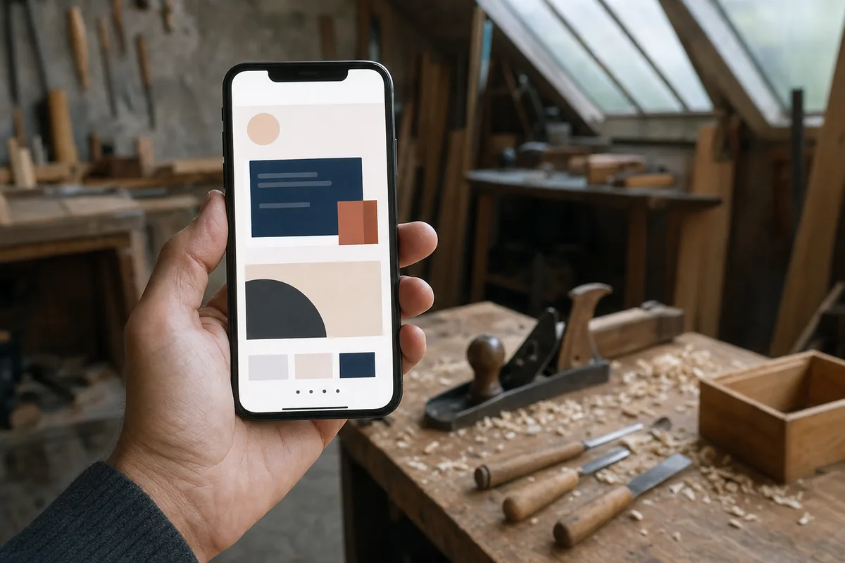 Personne consultant un site vitrine sur un smartphone dans un atelier
