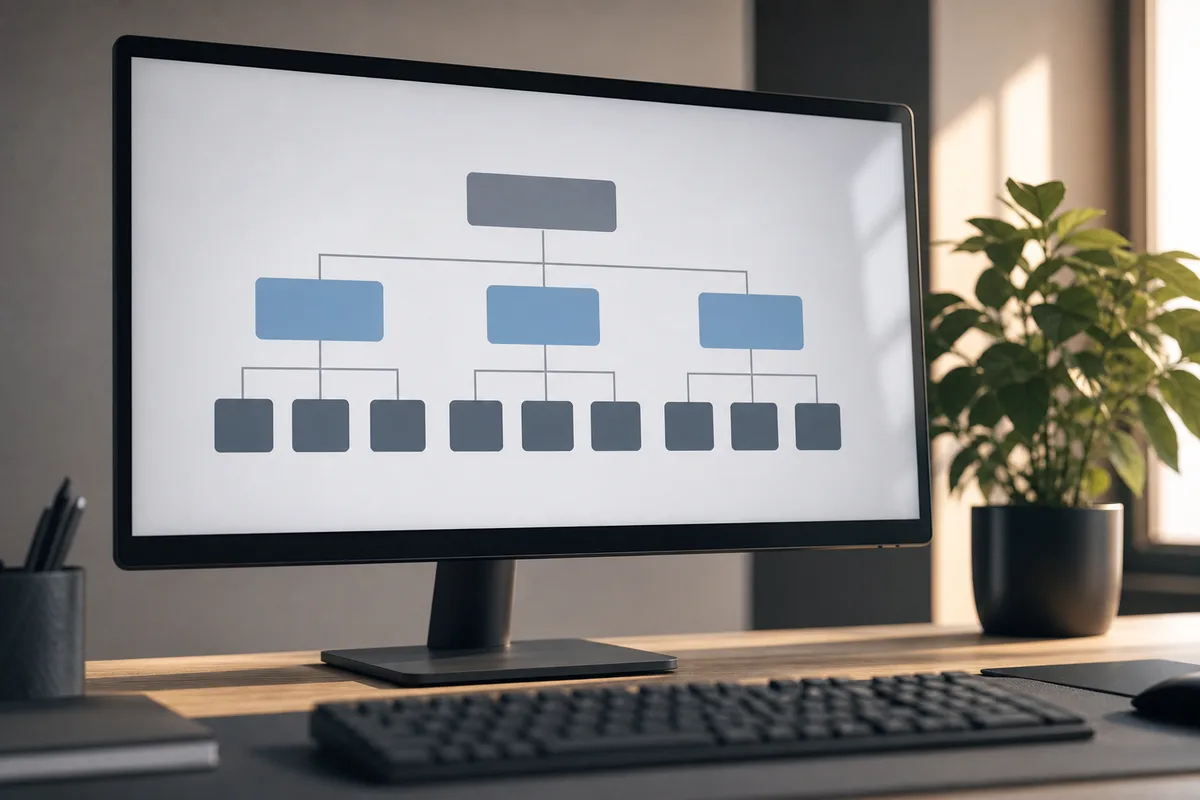 Écran affichant un plan d arborescence de site web sous forme de blocs reliés