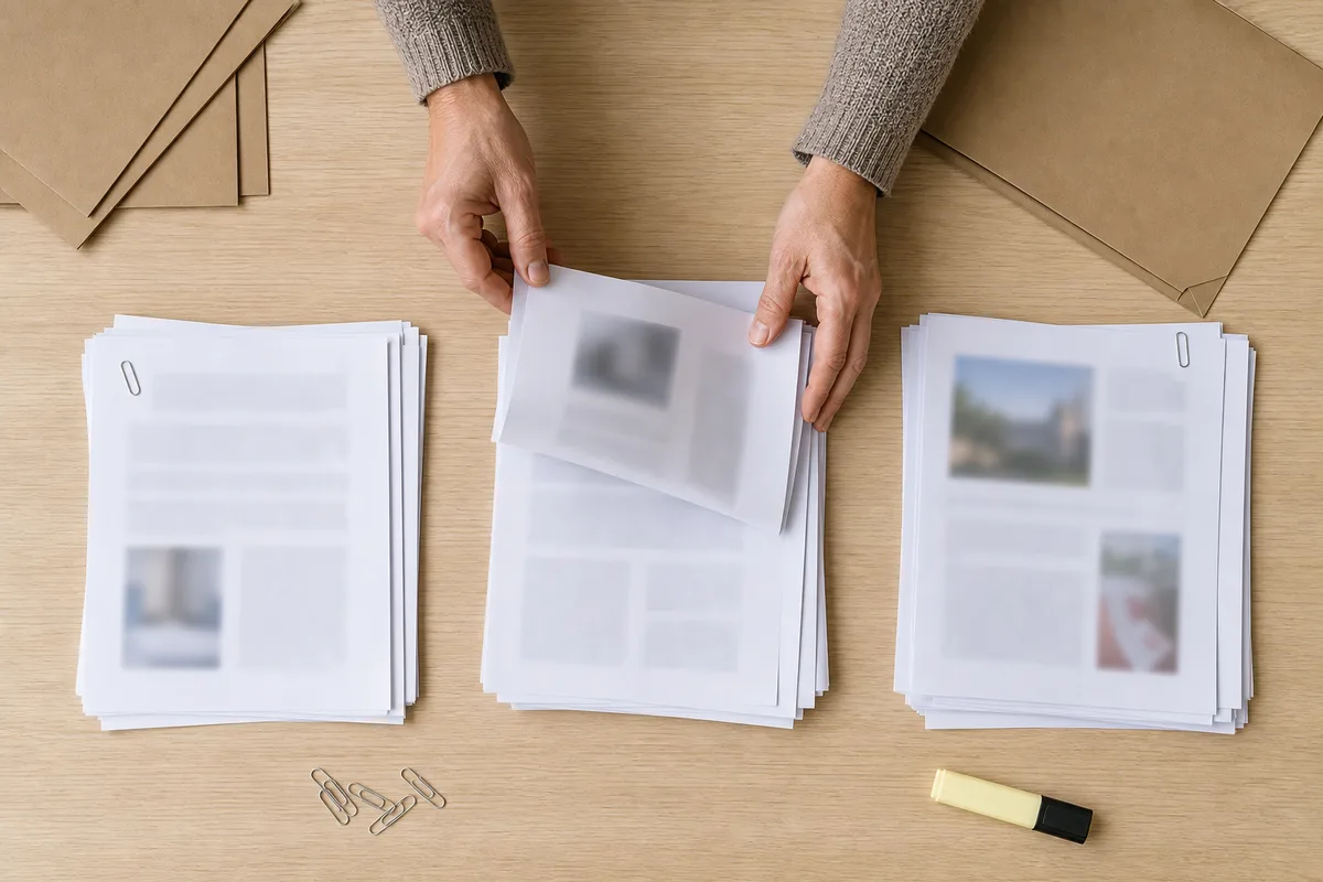 Mains classant des pages imprimées d un dossier de projet sur une table en bois