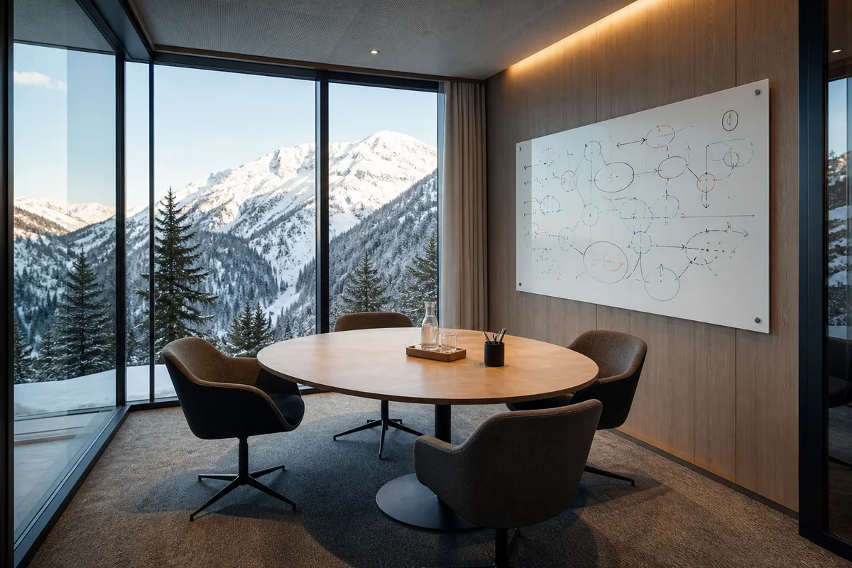 Réunion de cadrage projet web dans une salle vitrée avec vue sur des montagnes enneigées