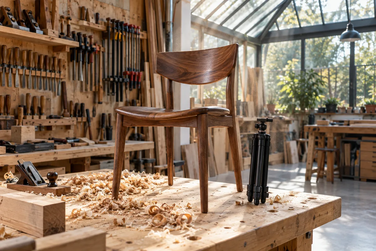 Chaise en noyer fraîchement huilée posée sur l’établi d’un atelier d’ébéniste, à côté d’un petit trépied photo