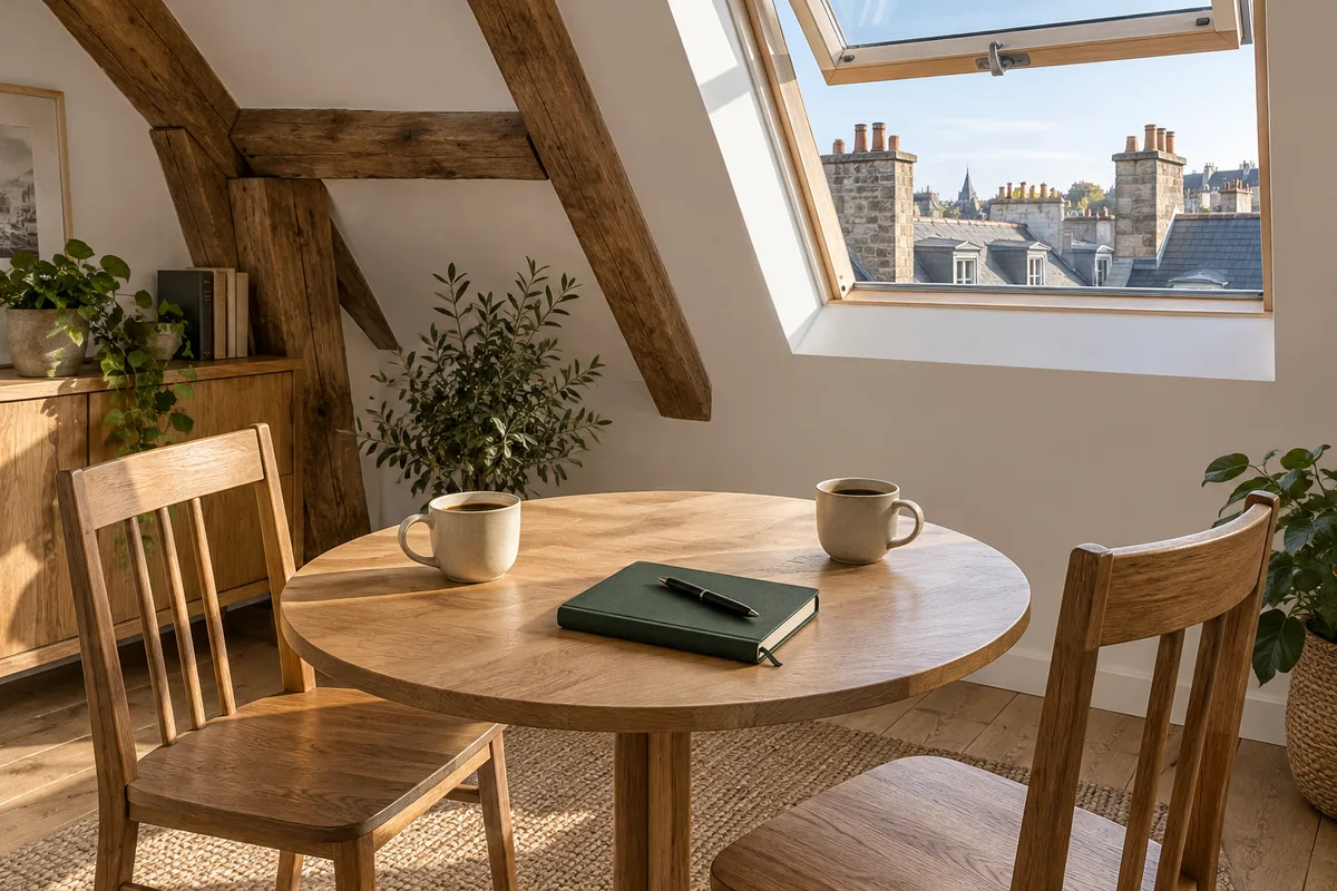 Petite table ronde avec deux tasses et un carnet fermé sous une fenêtre de toit ouverte sur des toits d’ardoise