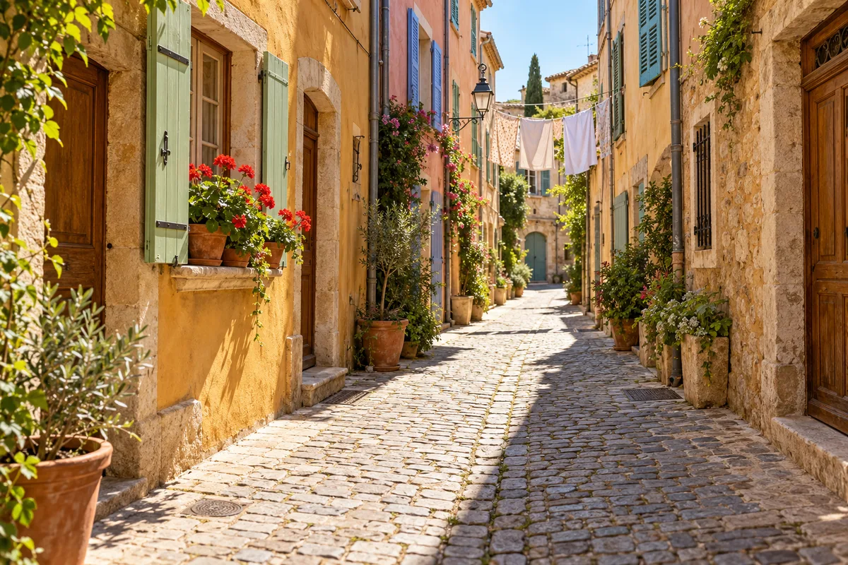 Ruelle ensoleillée d&rsquo;un centre ancien provençal aux volets colorés, sans passant