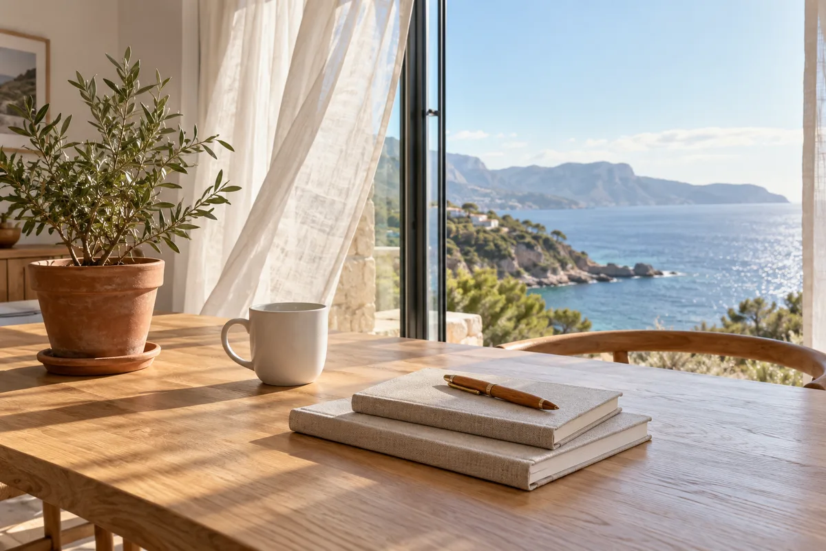 Bureau lumineux ouvert sur la mer, deux carnets fermés sur une table en bois clair