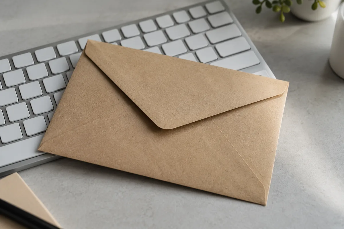 Enveloppe kraft posée sur un clavier aux touches unies