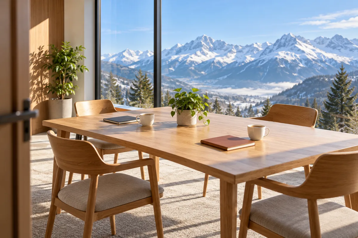 Table de réunion en bois devant une baie vitrée ouverte sur des sommets enneigés