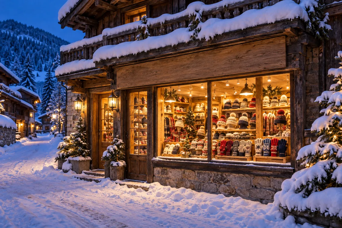 Façade en bois d&rsquo;une boutique de station sous la neige au crépuscule