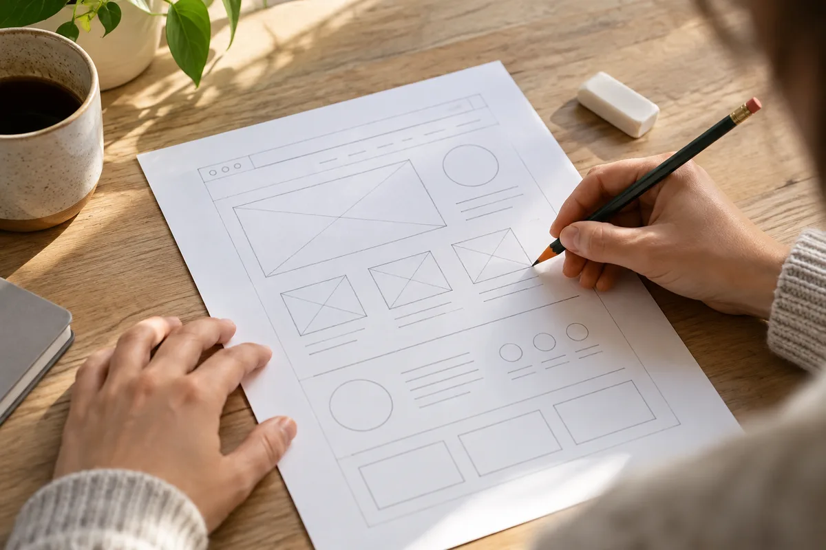 Mains qui esquissent au crayon des blocs de mise en page sur une feuille blanche