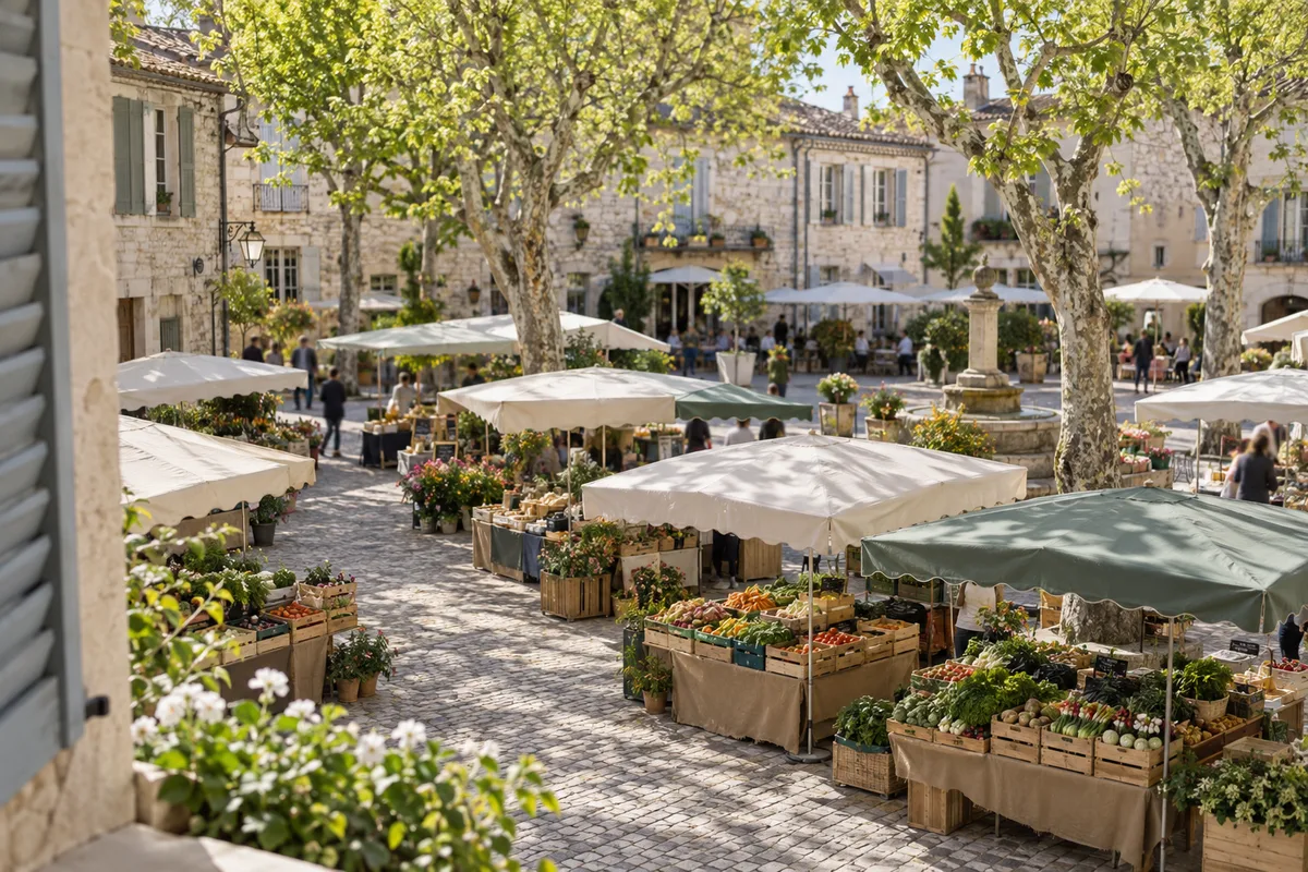 Marché du dimanche matin vu de loin sur une place de bourg, étals abrités sous des parasols unis