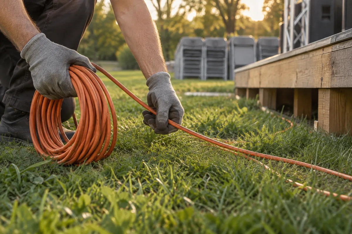 Mains qui déroulent une rallonge électrique orange au pied d&rsquo;une scène en bois montée en plein air