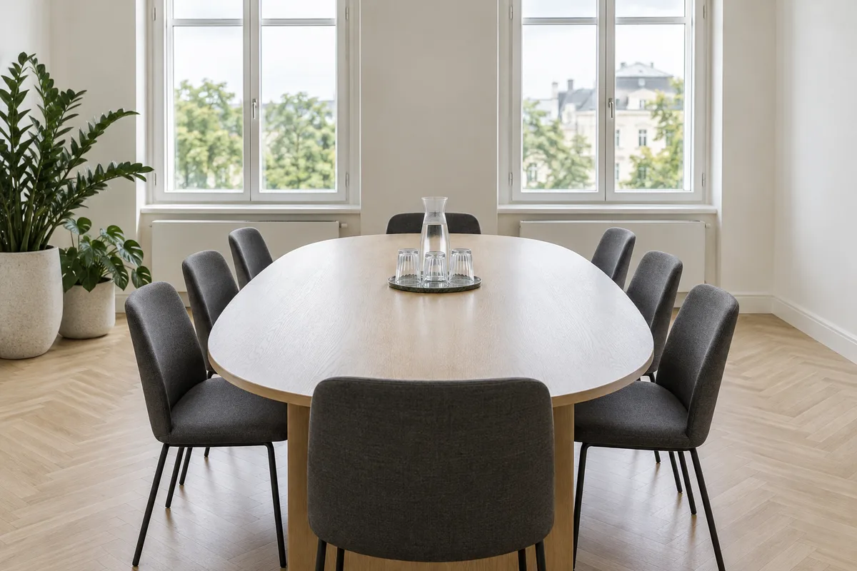 Salle de réunion neutre aux murs blanc cassé nus, chaises disposées autour d&rsquo;une table ovale dans la lumière du jour