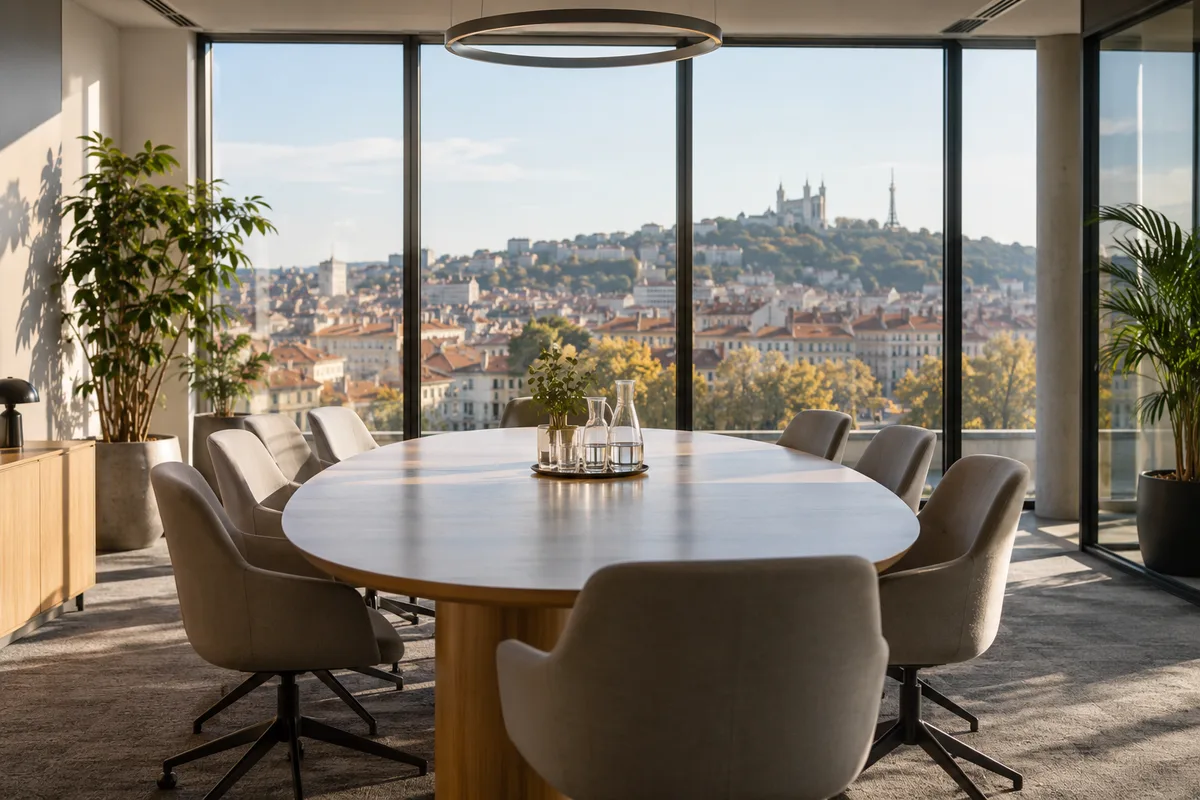 Salle de réunion vide avec une vue sur les toits de Lyon