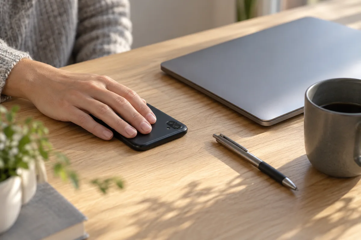 Main posée sur un téléphone retourné près d&rsquo;un ordinateur portable fermé