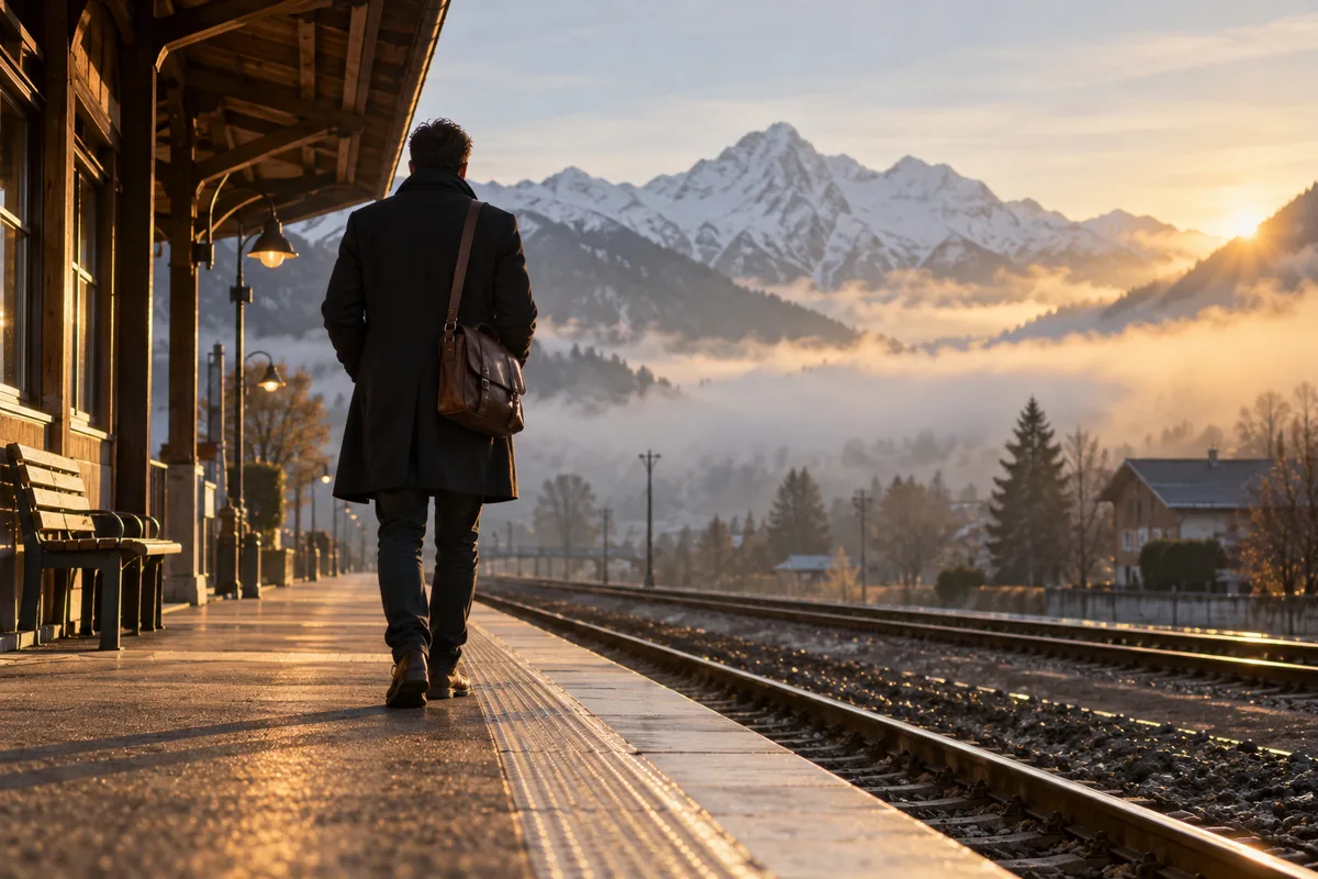 Voyageur de dos sur le quai d&rsquo;une gare régionale au petit matin