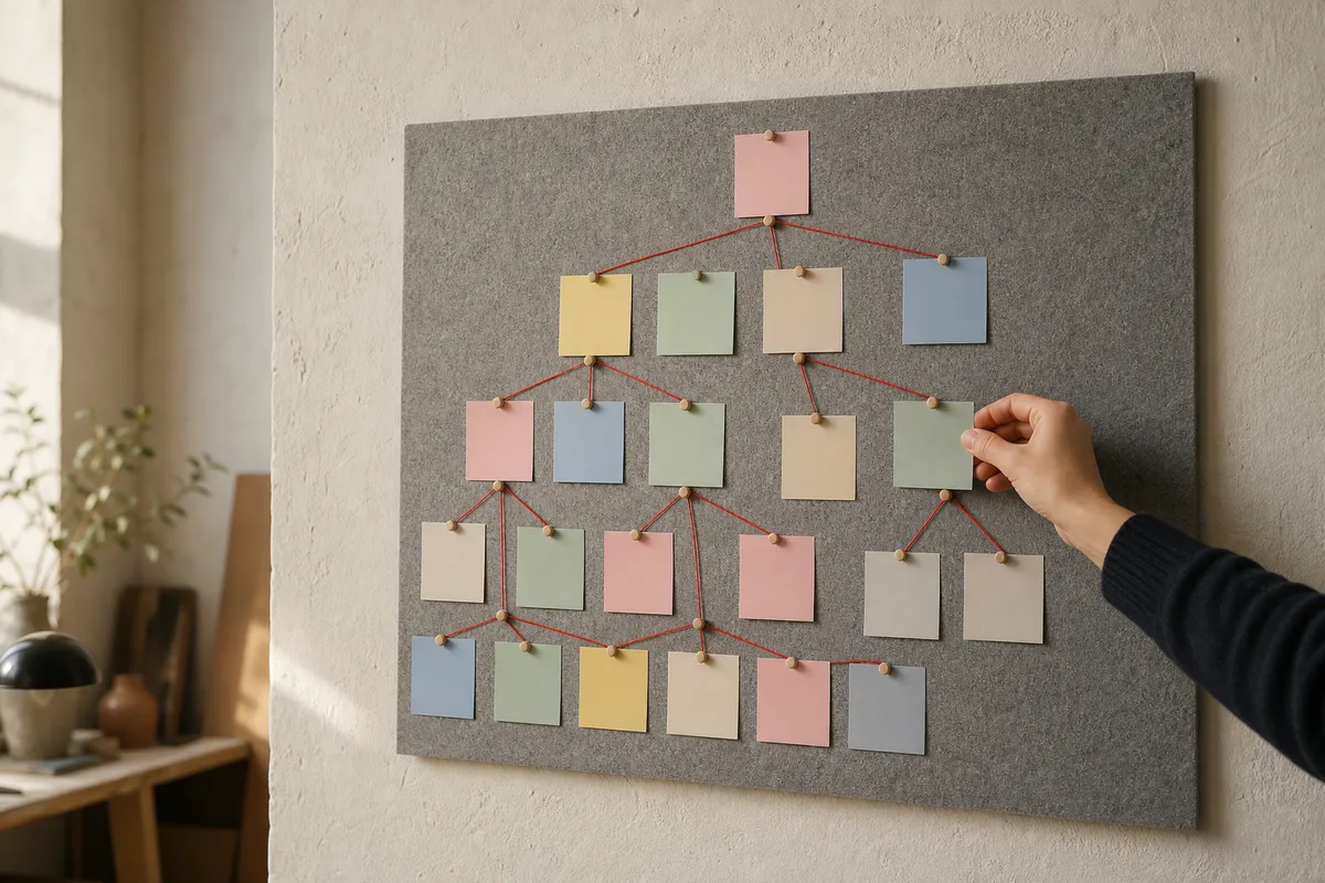 Panneau de feutre gris avec des carrés de papier de couleur reliés par un fil, formant une arborescence