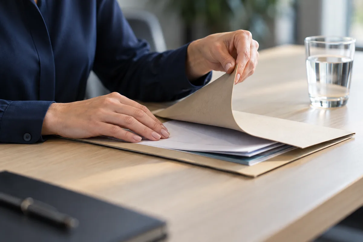 Mains feuilletant un dossier cartonné fermé sur une table de réunion