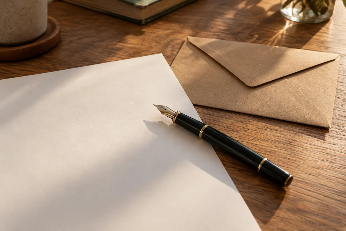 Stylo plume posé sur une feuille vierge à côté d&rsquo;une enveloppe kraft sur un bureau en chêne