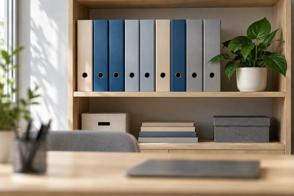 Étagère avec des classeurs de couleur unie et une plante dans un bureau rangé