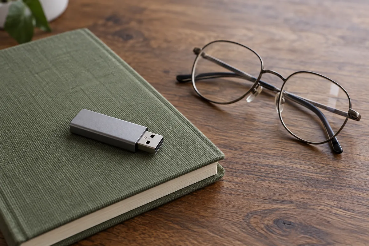 Clé USB posée sur un carnet fermé à côté d&rsquo;une paire de lunettes sur un bureau en bois